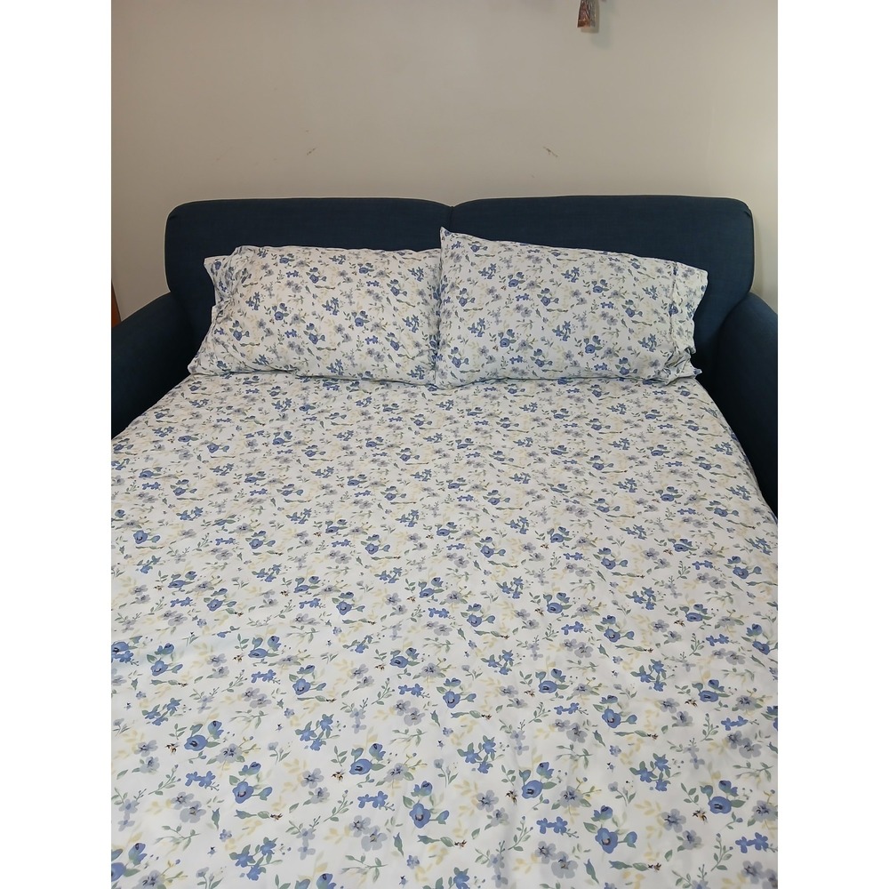 JC PENNEY FLORALS "ienjoy h❤me" QUEEN SHEET SET 4 PC BLUE WHITE YELLOW GREEN